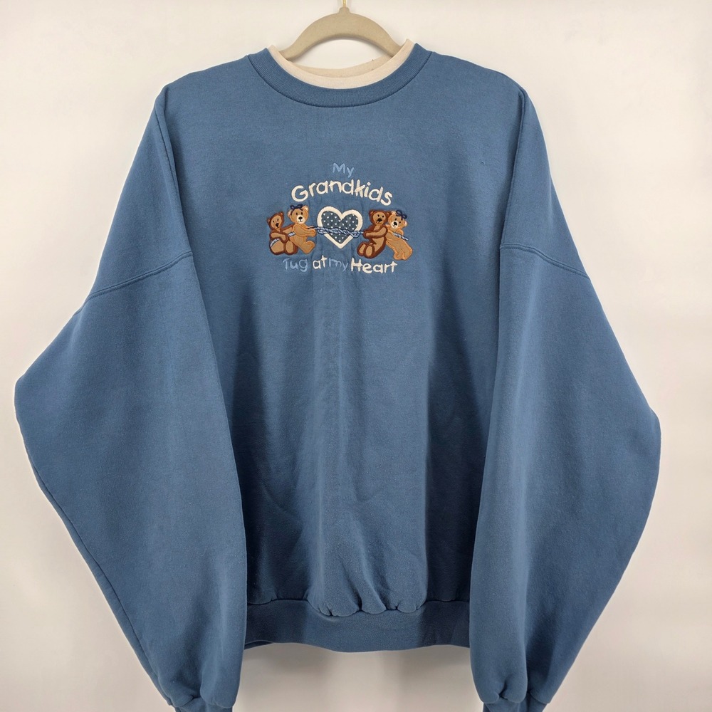 Vintage 3XL Blue Sweatshirt Grandkids Heart Embroidered Teddy‎ Bears Grandma